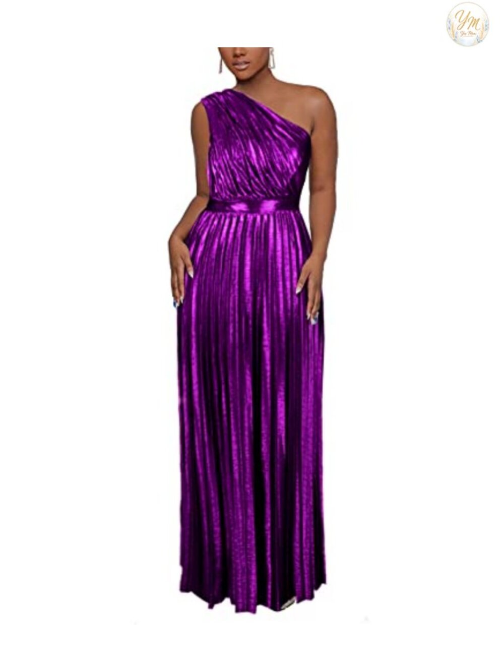 Metallic Pleated One Shoulder Sleeveless Formal Maxi Dress A-Line